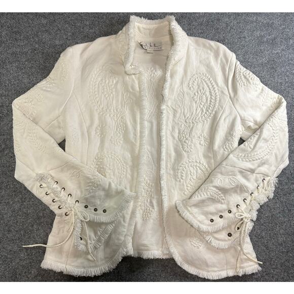 Nicole Miller Linen White embroidered jacket fringe edge lace up sleeves Sz 6 - Picture 1 of 13